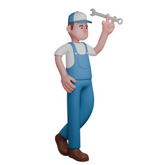 3D Cartoon Auto Technician. A mechanic stands casually with his legs crossed while holding a wrench up in the air with a confident style. Mechanical Action