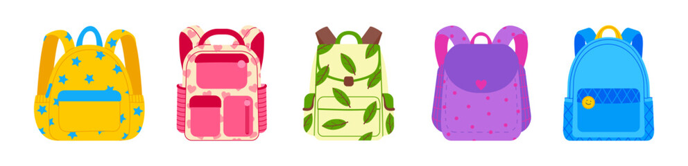 Set of bright school backpacks different shapes isolated on transparent background. 