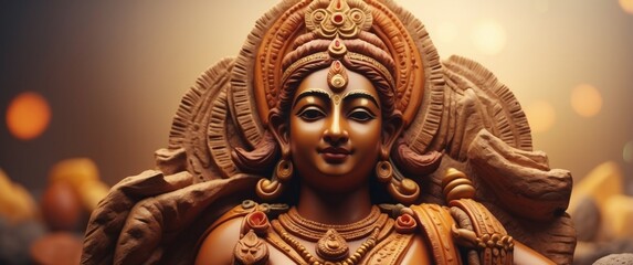 Close-up of a Hindu Deity Statue with a Golden Crown and Ornate Jewelry