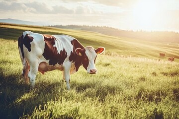A cow stands in a lush green field under a sunset sky, symbolizing rural life.