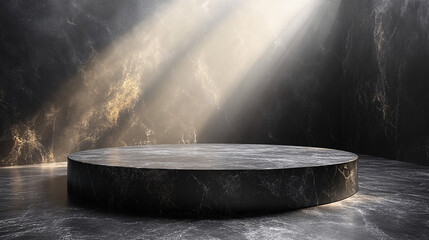 A sleek black stone podium space providing a minimal abstract background for product presentation, suitable for exhibitions, showcases, and commercial events.