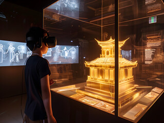 Futuristic hologram showcasing interactive virtual reality display at museum with advanced technology.