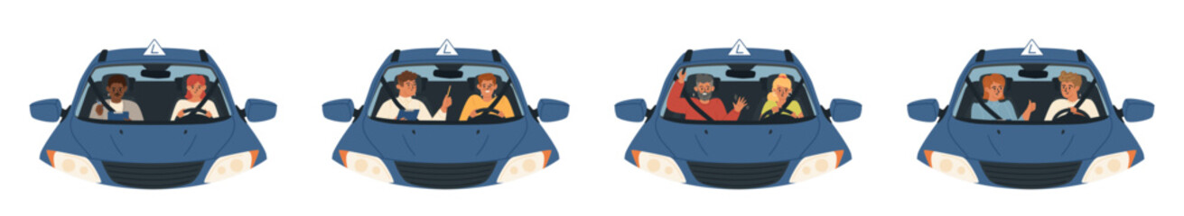 Instructor and student at practice lesson in driving school set