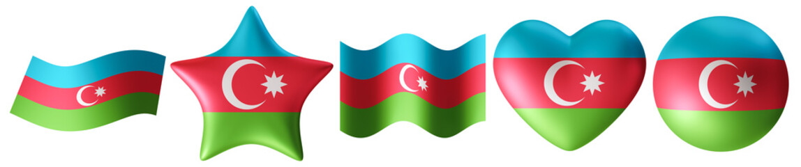 Set of Azerbaijan flags in various shapes, on transparent background. Cut out design elements. Perfect for patriotic themes or national event promotions. Group of symbols. Heart, star. 3D render.