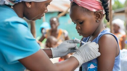 Young girl receiving vaccination from healthcare worker in rural community