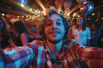 Obraz premium Excited man taking selfie with friends at house party