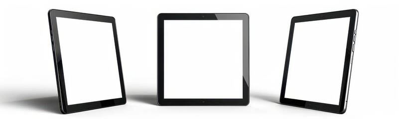 Three Black Tablets with Blank White Screens on a White Background