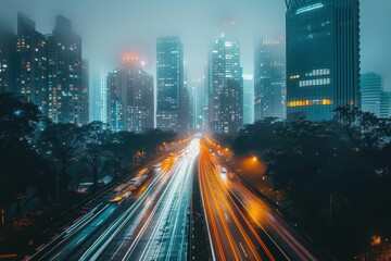 Obraz premium Nighttime Cityscape with Fog and Light Trails on a Highway