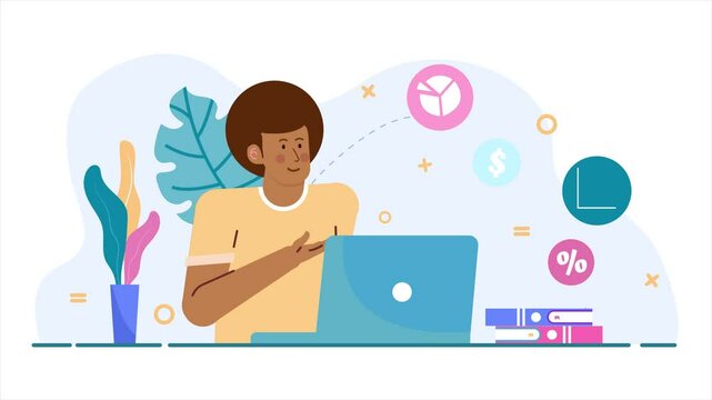 Young professional analyzing data on laptop in creative office environment illustration business animated video