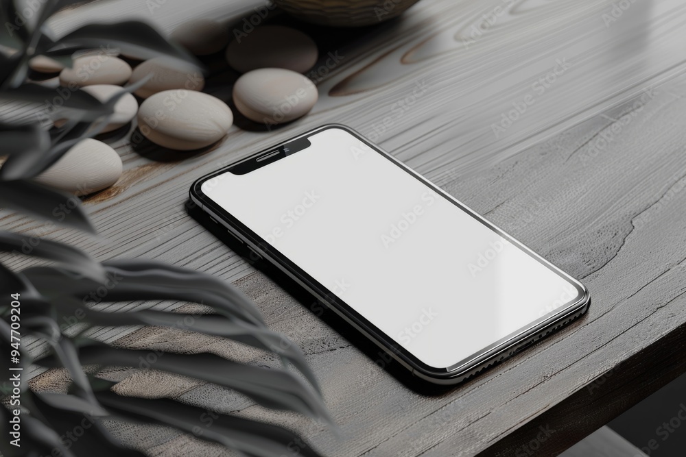 Poster smartphone with empty white screen on table