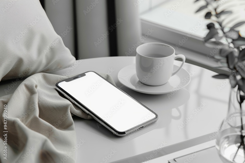 Poster smartphone with empty white screen on table