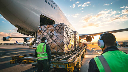 A plane A380 parking near the terminal. Ground crew loading luggage from the plane onto trolleys. Aircraft Airlock - Generative AI.