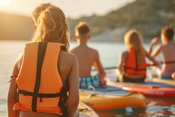 Obraz premium A group of young people kayaking together during a warm sunset on a tranquil lake