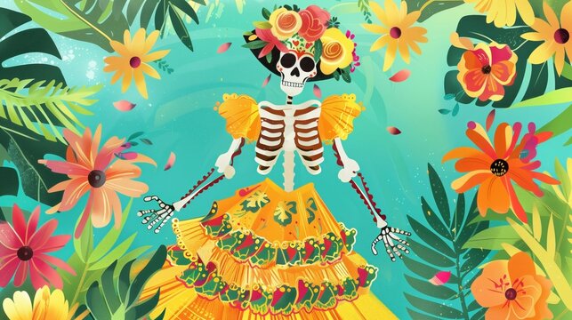 Colorful Festive Dia de los Muertos Skeleton with Floral Accents