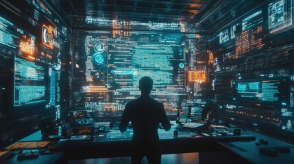 Obraz premium Futuristic 3D render of a programming lab, with holographic code displays and a developer interacting with digital development tools.
