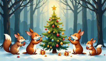 Fototapeta premium A charming winter scene with squirrels decorating a Christmas tree in a snowy forest, filled with festive joy and holiday spirit.