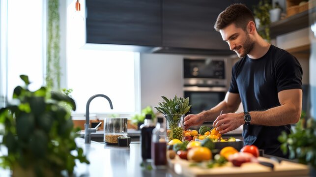 Healthy Cooking at Home: A Man Preparing Fresh Vegetables in a Modern Kitchen