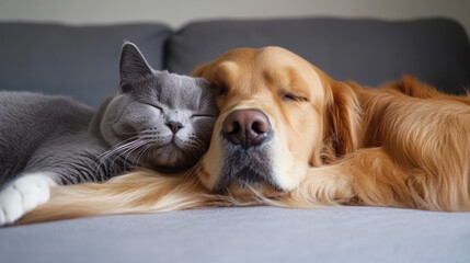 British Shorthair Cat and Golden Retriever Keep Each Other Company --ar 16:9 --v 6.1 Job ID: f539558c-6290-49ab-8920-21d885c4f76c