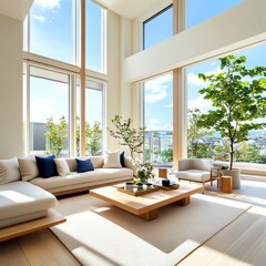 Fototapeta premium Bright and airy living room adorned with modern decor, large windows, and vibrant greenery for a serene home atmosphere.