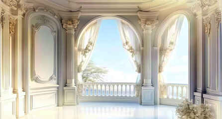 Luxurious white balcony overlooking the sea in a classic palace