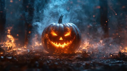 Fototapeta premium Halloween pumpkin in the background with a fuzzy Enchanted Forest