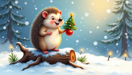 Obraz premium A cheerful hedgehog holding a tiny Christmas tree amidst a snowy landscape, evoking a festive winter spirit.