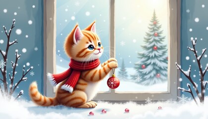 A cheerful kitten in a red scarf plays with a Christmas ornament by a snowy window, creating a festive winter atmosphere.