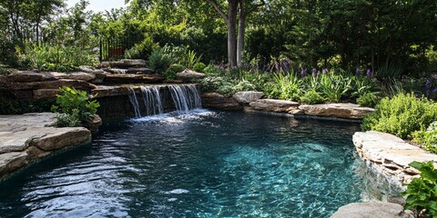 Naklejka premium Waterfall flows into a pool surrounded by lush greenery.