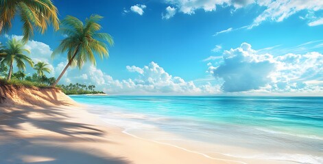 Obraz premium A beautiful beach with palm trees and blue sky, sun shining
