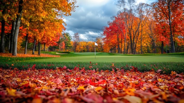 Autumn Golf Course with Vibrant Fall Foliage and Colorful Leaves on the Ground Under a Cloudy Sky
