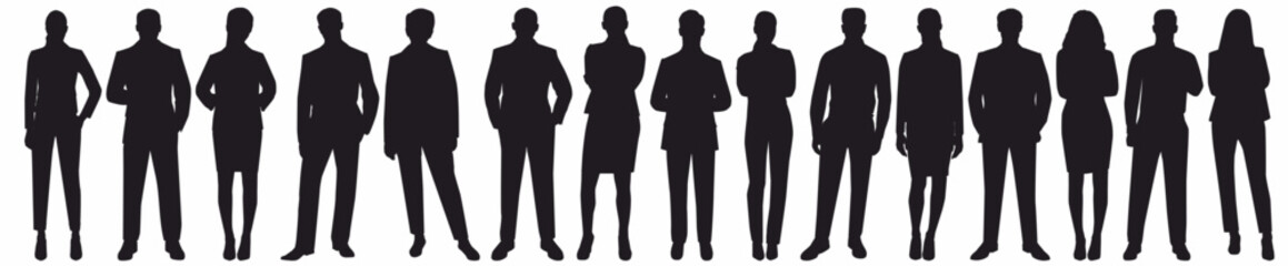 silhouettes of men and women, a group of standing business people, black color isolated on white background