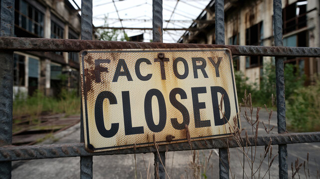close-up photo of old grunge factory closed sign on fence at industrial plant