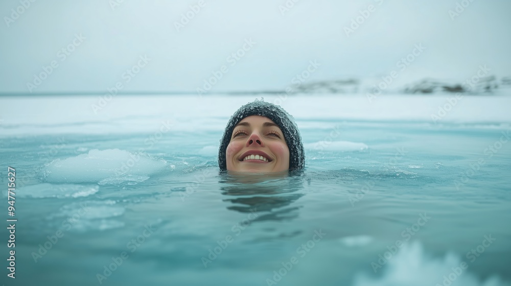 Poster A person enjoys a blissful moment while swimming in icy waters surrounded by snow-covered landscapes on a chilly day