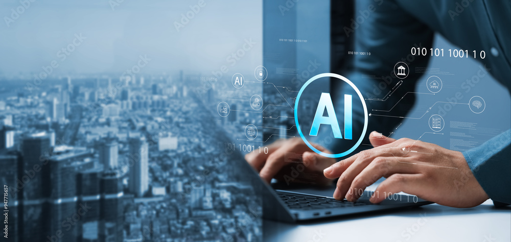 Poster ai artificial intelligence technology, businessman uses ai technology in daily life and business thr