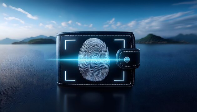 Digital wallet with security fingerprint scanner on a futuristic holographic background.