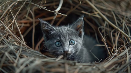 Adorable blue kitten in close up having fun in the nest