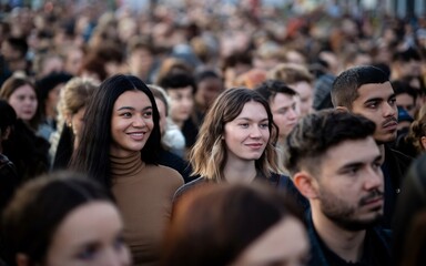 Obraz premium Diversity, crowd, multicultural, smiling, community, urban, young adults, togetherness, inclusivity, portrait, group, ethnicity, race, unity, demographic, society, population, modern, social, integrat