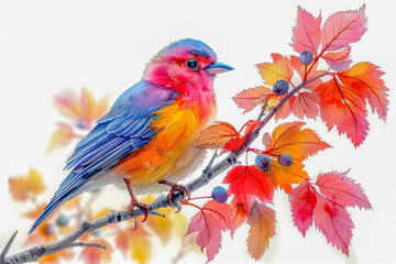 Obraz premium Colorful exotic bird sitting on branch with red leaves