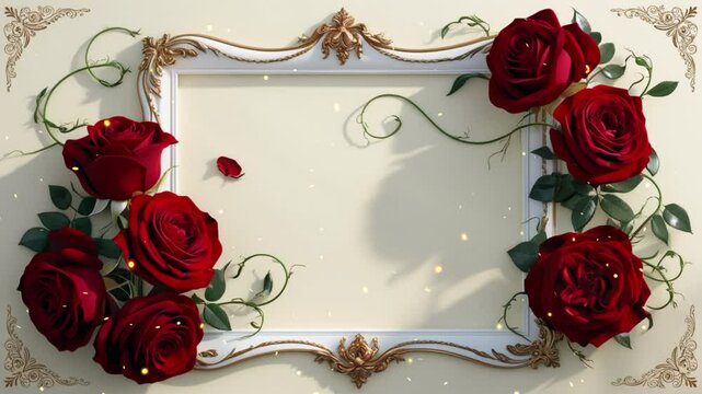 Square wedding frame with red roses and gold sparkles