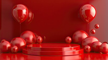 Red stage with balloons for festive event, A vibrant red stage setup with round platforms and red balloons, perfect for celebrations, product displays, or festive events.
