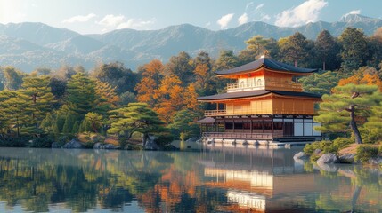 Fototapeta premium Tranquil japanese temple with pavilion by the lake and bonsai trees garden