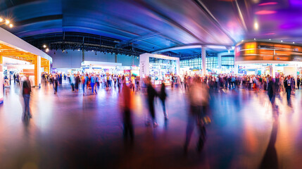 Obraz premium a blurred long exposure capturing the flow of visitors through themed pavilions, each showcasing different industry sectors