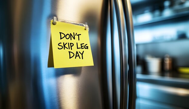 A photo of the text "DON'T SKIP LEG DAY" written on a yellow sticky note, stuck to a stainless steel refrigerator 