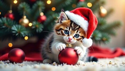 A playful kitten wearing a Santa hat, exploring colorful ornaments under a festive Christmas tree.