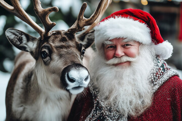 Santa Claus and his reindeer standing side by side smiling, in a Christmas mood