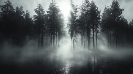 Fototapeta premium A foggy, spooky forest scene perfect for Halloween-themed designs, evoking mystery and allure, with an eerie atmosphere for various creative applications with copy space.