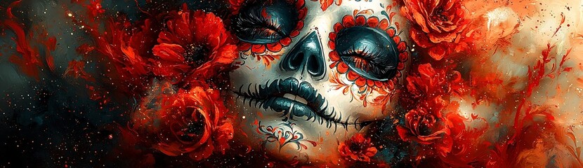 Vibrant sugar skull artwork perfect for Halloween, celebrating the Day of the Dead with floral elements. Ideal for party decor or themed events with copy space.