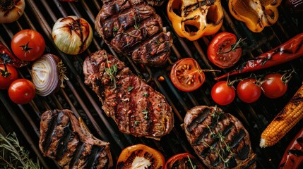 Barbecue grill with a selection of grilled meats and vegetables.