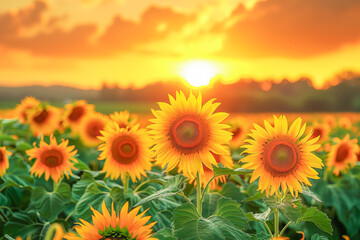 Obraz premium Bright sun shining on blooming sunflower field at sunset