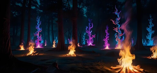 Neon Figures Swirl in Moonlit Forest, Nocturnal Ritual